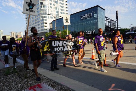 Photo for Milwaukee, Wisconsin USA - August 23rd, 2023: Large group of Unions for All protesters protesting outside the Fiserv Forum during the 2024 Republican Debate. - Royalty Free Image