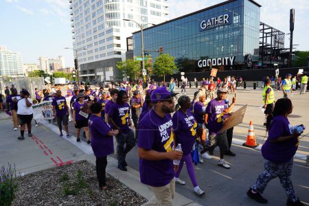 Photo for Milwaukee, Wisconsin USA - August 23rd, 2023: Large group of Unions for All protesters protesting outside the Fiserv Forum during the 2024 Republican Debate. - Royalty Free Image