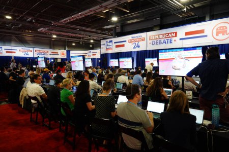 Photo for Milwaukee, Wisconsin USA - August 23rd, 2023: Inside backstage of the 2024 Presidential Republican debate news spin room. - Royalty Free Image