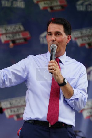 Photo for Milwaukee, Wisconsin USA - August 23rd, 2023: Former Governor of Wisconsin Scott Walker showed up at the 2024 Republican Presidential Debate at Fiserv Forum to give interviews to the press and media. - Royalty Free Image