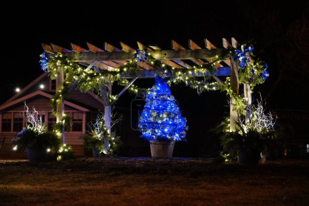 Foto de Fond du Lac, Wisconsin / Estados Unidos - 17 de diciembre de 2018: Stuart 's Landscaping Company vistió su jardín con luces de Navidad que se encuentra cerca del parque Lakeside. - Imagen libre de derechos