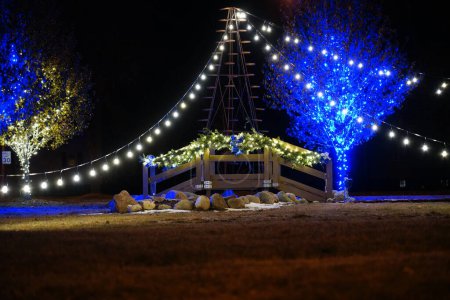 Téléchargez les photos : Fond du Lac, Wisconsin / États-Unis - 17 décembre 2018 : La société Stuart's Landscaping a habillé son jardin de lumières de Noël près du parc Lakeside. - en image libre de droit