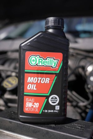 Photo for Fond du Lac, Wisconsin USA - March 6th, 2021: O'Reilly SEA 5w-20 motor oil for 2002 Ford Taurus. - Royalty Free Image