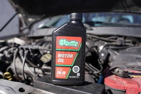 Photo for Fond du Lac, Wisconsin USA - March 6th, 2021: O'Reilly SEA 5w-20 motor oil for 2002 Ford Taurus. - Royalty Free Image