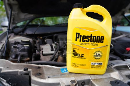Photo for Fond du Lac, Wisconsin USA - May 19th, 2021: Front side of 1 gallon of ready to use Prestone antifreeze and coolant for all vehicles. - Royalty Free Image