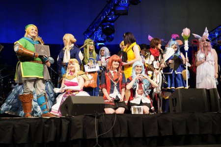 Photo for Milwaukee, Wisconsin USA - February 13th, 2020: People dressed up in Marvel costumes, DC comics costumes, anime and manga costumes participating in anime milwaukee masquerade contest - Royalty Free Image