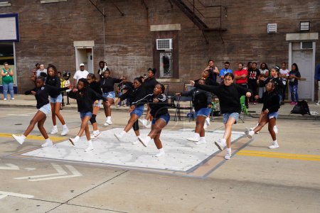 Photo for Milwaukee, Wisconsin USA - September 16th, 2023: African American High school and Middle school female street dancers danced in the streets of Racine, Wisconsin - Royalty Free Image