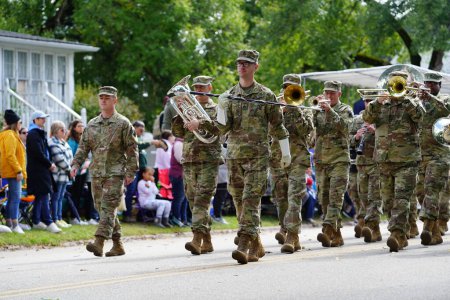 Photo for Warrens, Wisconsin USA - September 25th, 2022: Military musical marching band marched in 2022 Cranfest parade. - Royalty Free Image