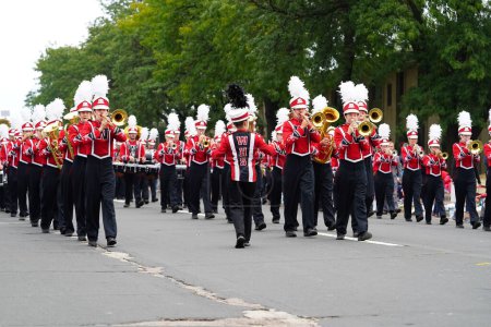 Photo for La Crosse, Wisconsin USA - October 1st, 2022: Westby Norsemen High School marching band marched in the Oktoberfest parade 2022. - Royalty Free Image