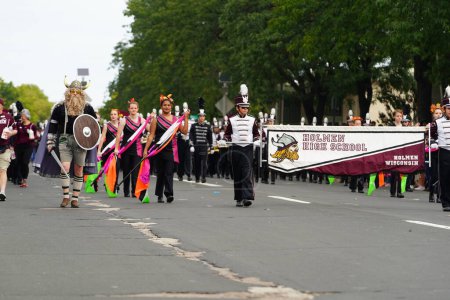 Photo for La Crosse, Wisconsin USA - October 1st, 2022: Holmen High School marching band marched in the Oktoberfest parade 2022. - Royalty Free Image