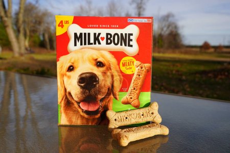 Téléchargez les photos : New Lisbon, Wisconsin États-Unis - novembre 8th, 2022 : Boite de friandises pour chiens Milk-Bone assise à l'extérieur. - en image libre de droit