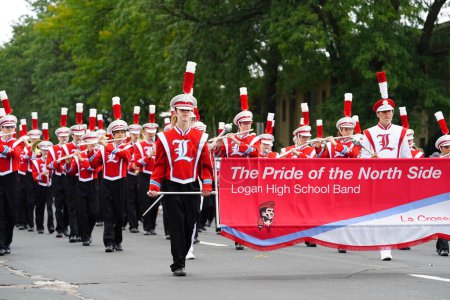 Photo for La Crosse, Wisconsin USA - October 1st, 2022: Westby Norsemen High School marching band marched in Oktoberfest parade 2022 - Royalty Free Image