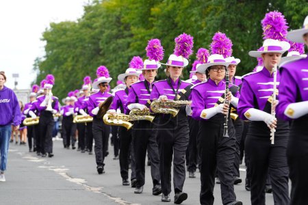 Photo for La Crosse, Wisconsin USA - October 1st, 2022: Onalaska High School marching Hilltoppers band marched in the Oktoberfest parade 2022. - Royalty Free Image