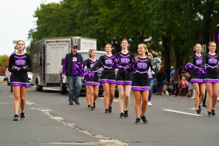 Photo for La Crosse, Wisconsin USA - October 1st, 2022: Onalaska High School marching Hilltoppers band marched in the Oktoberfest parade 2022. - Royalty Free Image