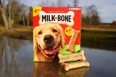 Foto de Nueva Lisboa, Wisconsin, EE.UU. - 8 de noviembre de 2022: La caja de golosinas para perros Milk-Bone se sienta afuera. - Imagen libre de derechos