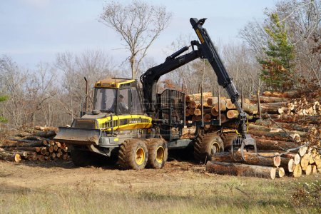 Foto de Nueva Lisboa, Wisconsin, EE.UU. - 9 de noviembre de 2022: Ponsse Elk camión de transporte de troncos de madera moviendo troncos para llevar - Imagen libre de derechos