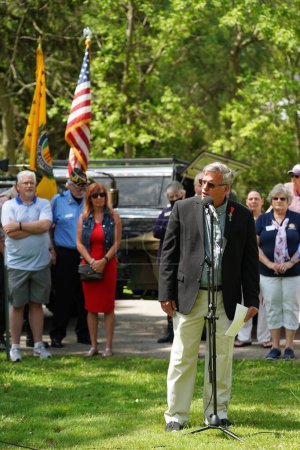 Photo for Oconomowoc, Wisconsin / USA - May 25th, 2020: Veterans and senior officers gave speeches to honor the fallen soldiers of Waukesha county on memorial day despite the social distancing order. - Royalty Free Image