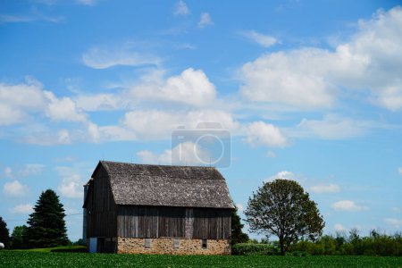 Foto de Antiguo granero abandonado de madera de la granja se encuentra en un campo de la granja fuera de encariñado du lac. - Imagen libre de derechos