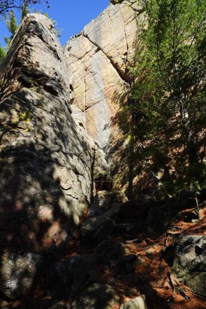 Photo for Tall rock stone formations sit in a forest for rock climbing. - Royalty Free Image