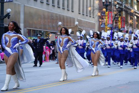 Photo for Chicago, Illinois USA - November 23rd, 2023: Aristocrat of Bands marching band from Nashville, Tennessee marched in 2023 Chicago Thanksgiving Day Parade. - Royalty Free Image