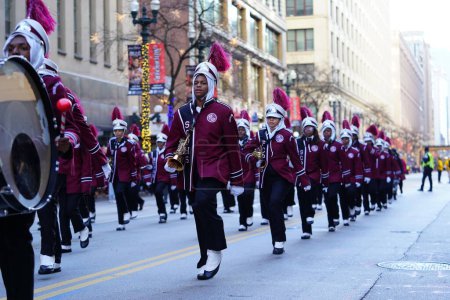 Photo for Chicago, Illinois / USA - November 28th 2019: Southland College Prep Charter High School Musical Marching band of Richton Park, Illinois marched in 2019 Uncle Dan's Chicago Thanksgiving Parade. - Royalty Free Image