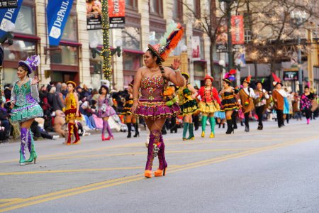 Photo for Chicago, Illinois USA - November 23rd, 2019: House of Guatemalan Culture Casa de la Cultura Guatemalteca en Chicago participated and danced in 2023 Chicago Thanksgiving Parade. - Royalty Free Image