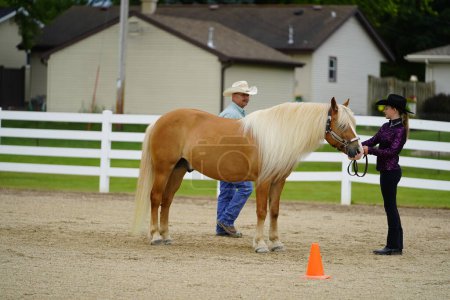 Photo for Fond du Lac, Wisconsin / USA - July 17th, 2019: Young girl with horse at horse show at a public horse ranch field in Fond du Lac, Wisconsin - Royalty Free Image