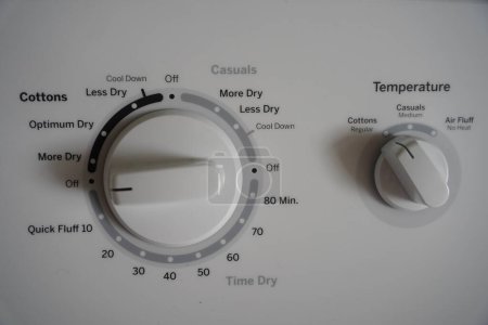 Foto de Marcaciones, controles y ajustes de la lavadora en un panel metálico. - Imagen libre de derechos