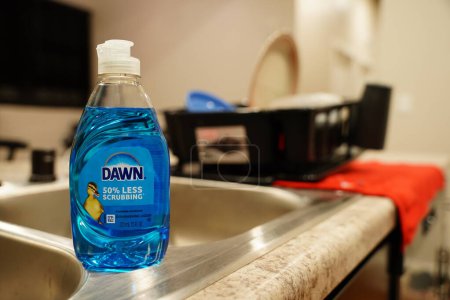 Photo for Fond du Lac, Wisconsin USA - April 2nd, 2024: Blue bottle of Dawn dish detergent soap sits on a sink. - Royalty Free Image