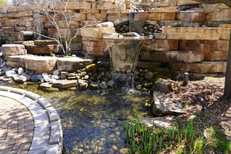 Téléchargez les photos : Fontaine au lagon artificiel derrière un jardin botanique et une véranda. - en image libre de droit