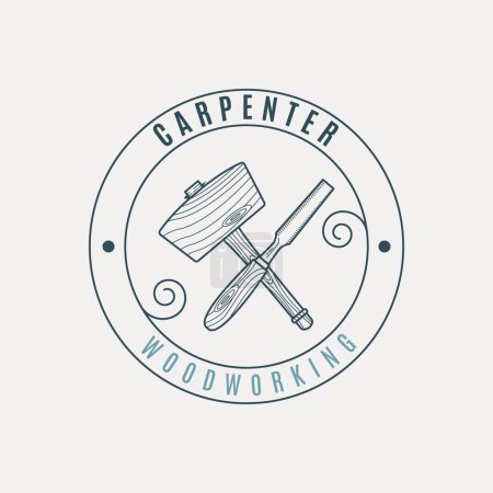 mallet and chisel line art logo vector with emblem illustration template design for carpentry