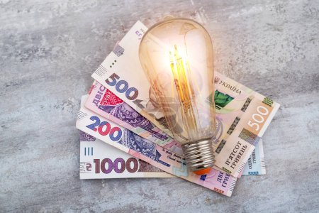 Téléchargez les photos : L'argent ukrainien hryvnias et une ampoule. Le concept d'augmentation des prix de l'électricité en Ukraine et le déficit. Coûts d'électricité. - en image libre de droit