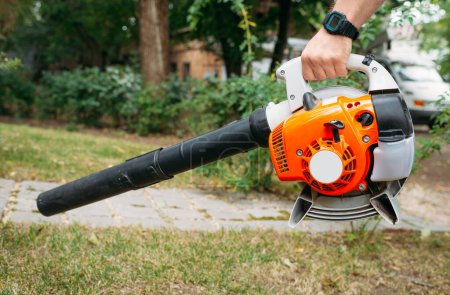 Green lawn cleaning with an electric cordless air blower from colorful fallen leaves