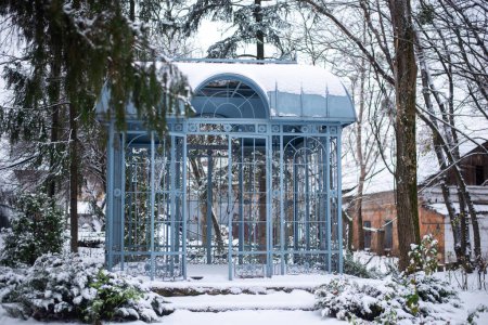 Foto de Un cenador de hierro de metal azul hecho de metal en un jardín de nieve en invierno. Foto de alta calidad - Imagen libre de derechos