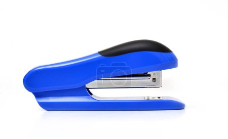blue office stapler on a white background. High quality photo