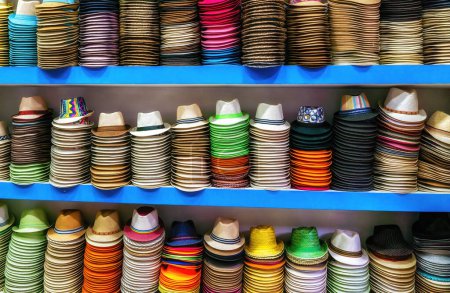 Photo for Panama hats hanging on the shelf in a shopping store in Panama - Royalty Free Image