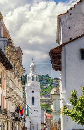 Photo for Quito, Ecuador - 24 November 2022: View of beautiful bell tower of the Church of El Sagrario in historic old city Quito, Ecuador. - Royalty Free Image