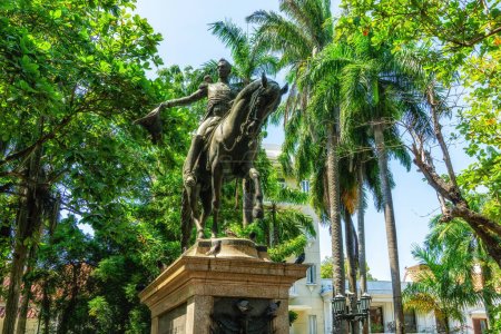 View at Statue of the state founder Simon Bolivar in Bolivar Park Plaza in Cartagena de Indias Colombia.