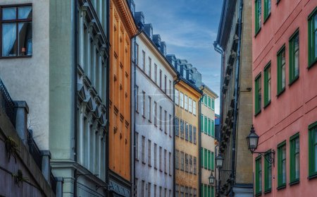 A Narrow Cobbled Street and Colourful Buildings in Stockholm Old Town