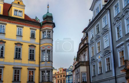 Detail of facades of houses near old town square, old town, unesco world heritage site, prague, bohemia, czech republic (czechia), europe