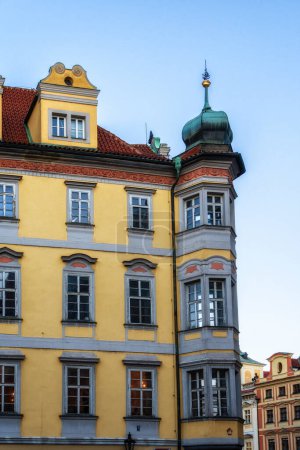 Detail of facades of houses near old town square, old town, unesco world heritage site, prague, bohemia, czech republic (czechia), europe