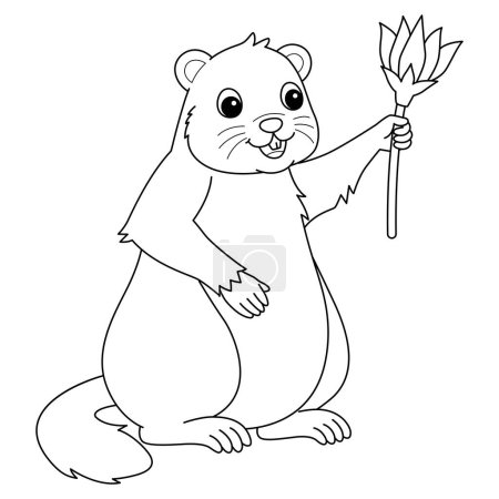 Illustration for A cute and funny coloring page of a Groundhog Holding Flower. Provides hours of coloring fun for children. Color, this page is very easy. Suitable for little kids and toddlers. - Royalty Free Image