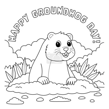 Illustration for A cute and funny coloring page of a Happy Groundhog Day. Provides hours of coloring fun for children. Color, this page is very easy. Suitable for little kids and toddlers. - Royalty Free Image