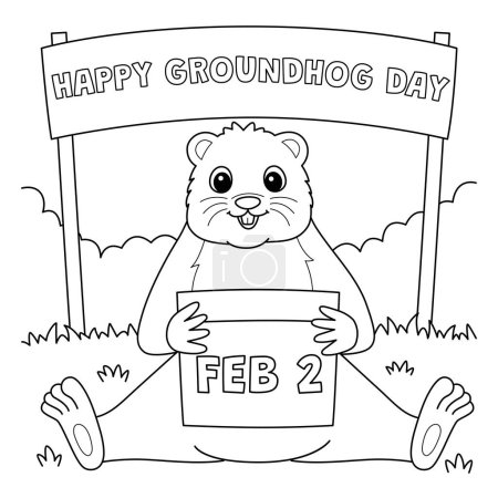 Illustration for A cute and funny coloring page of a Groundhog Holding Calendar. Provides hours of coloring fun for children. Color, this page is very easy. Suitable for little kids and toddlers. - Royalty Free Image