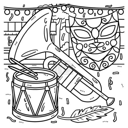 Ilustración de Una página para colorear linda y divertida de una trompeta, tambor y máscara de Mardi Gras. Proporciona horas de diversión para colorear para los niños. Color, esta página es muy fácil. Apto para niños pequeños y niños pequeños. - Imagen libre de derechos