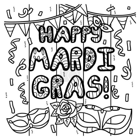 Illustration for A cute and funny coloring page of a Happy Mardi Gras. Provides hours of coloring fun for children. Color, this page is very easy. Suitable for little kids and toddlers. - Royalty Free Image