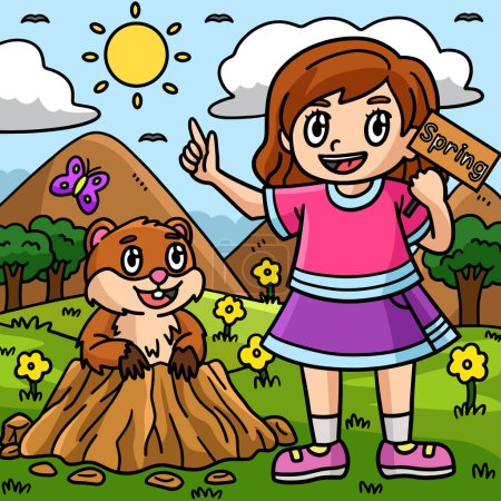 Illustration for This cartoon clipart shows a Girl and a Groundhog illustration. - Royalty Free Image
