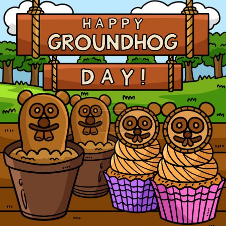 Illustration for This cartoon clipart shows a Groundhog Day Treats illustration. - Royalty Free Image