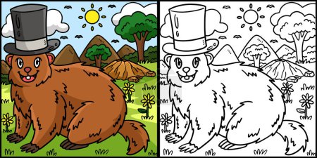 Illustration for This coloring page shows a Groundhog with a Top Hat. One side of this illustration is colored and serves as an inspiration for children. - Royalty Free Image