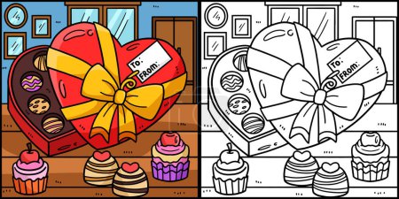 Ilustración de Esta página para colorear muestra una Caja de Chocolates Corazón. Un lado de esta ilustración es de color y sirve como inspiración para los niños. - Imagen libre de derechos
